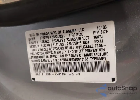 2007 Honda Odyssey Ex-L z USA, uszkodzony, nr VIN 5FNRL38657B013153